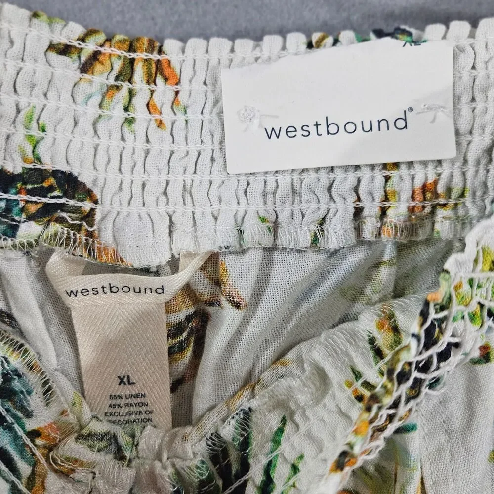New Westbound XL Linen Blend Pants Hawaiian Print Wide Leg Flowy Shirred Waist